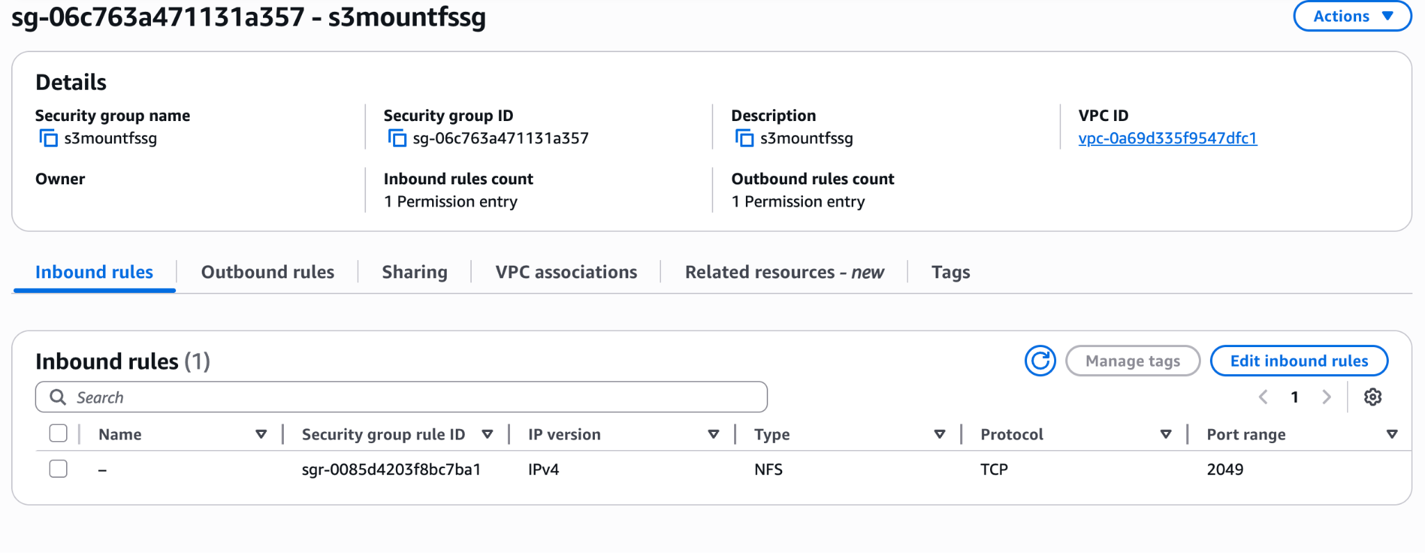 Security group with NFS inbound rule on port 2049